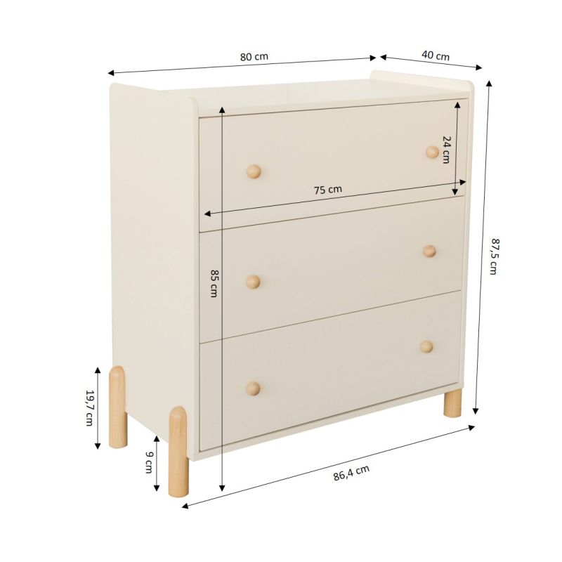Commode enfant MONA 3 tiroirs beige 86cm