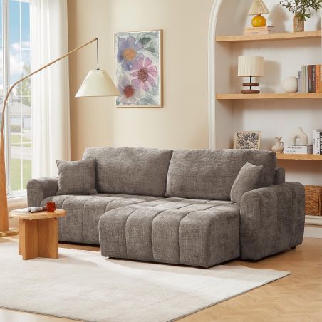 Canapé d'angle convertible et réversible JONEA 4 places tissu texturé marron