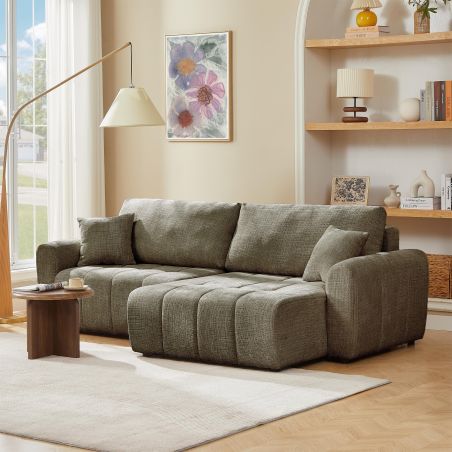 Canapé d'angle convertible et réversible JONEA 4 places tissu texturé vert