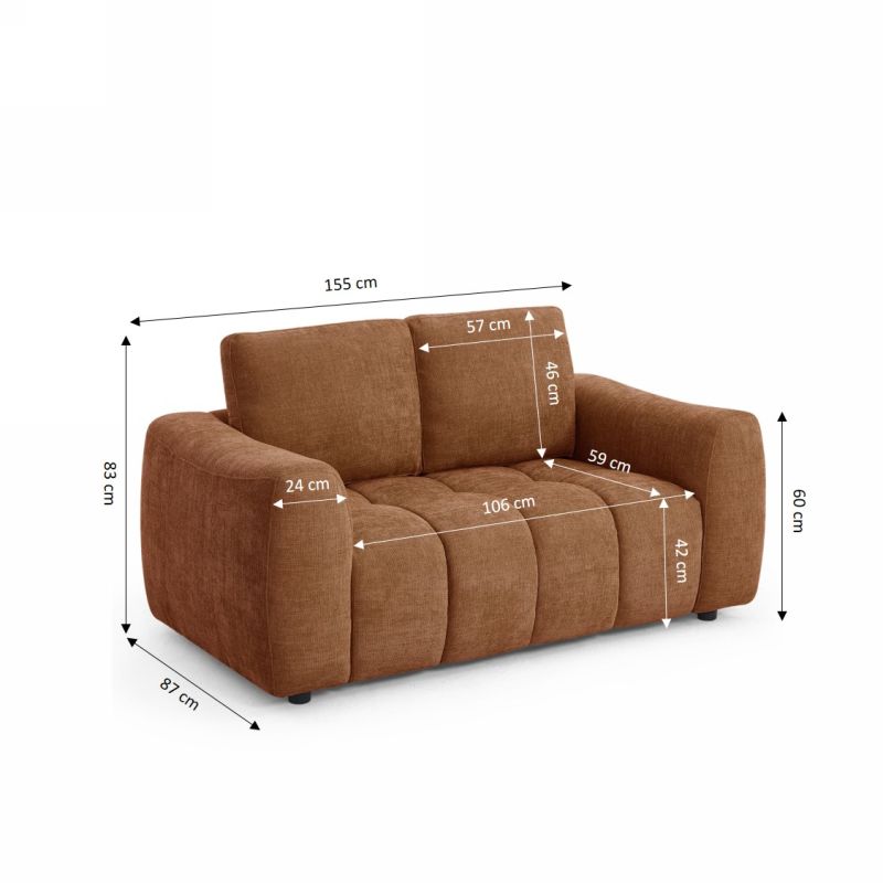 Canapé droit fixe KEREA 2 places tissu chenille terracotta