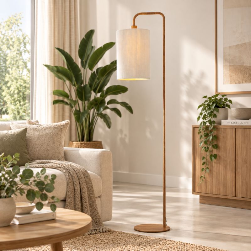 Lampadaire KELA bois et abat jour corde beige 33,5x28x155 cm