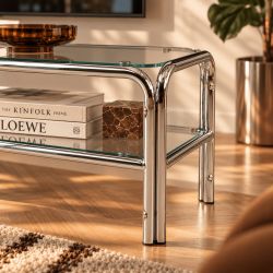 Meuble TV MAGGY verre trempé transparent structure en chrome