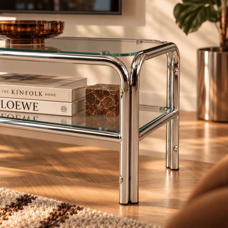 Meuble TV MAGGY verre trempé transparent structure en chrome