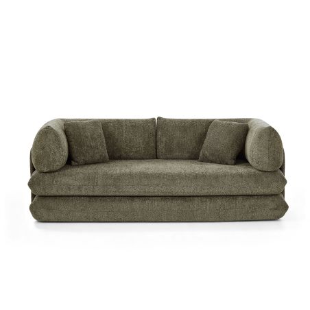 Canapé droit compressé et convertible CHIMA déplimousse 3 places tissu chenille vert