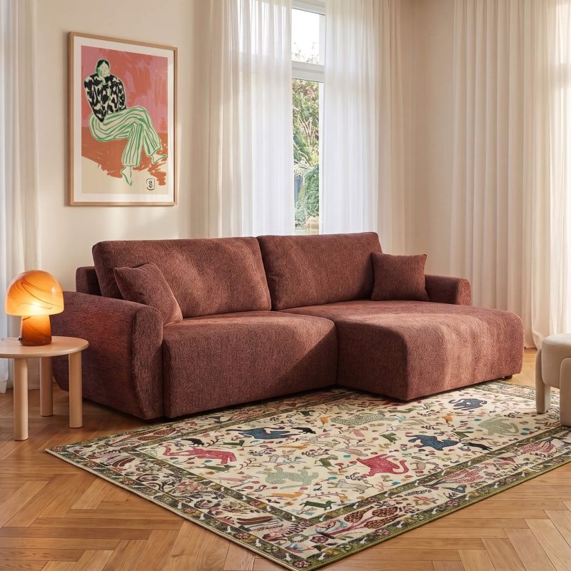 Canapé d'angle convertible et réversible DANA 4 places tissu chenille bordeaux