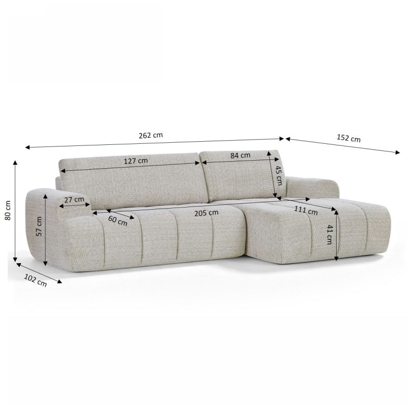 Canapé d'angle droit compressé FEYA 4 places tissu chenille crème