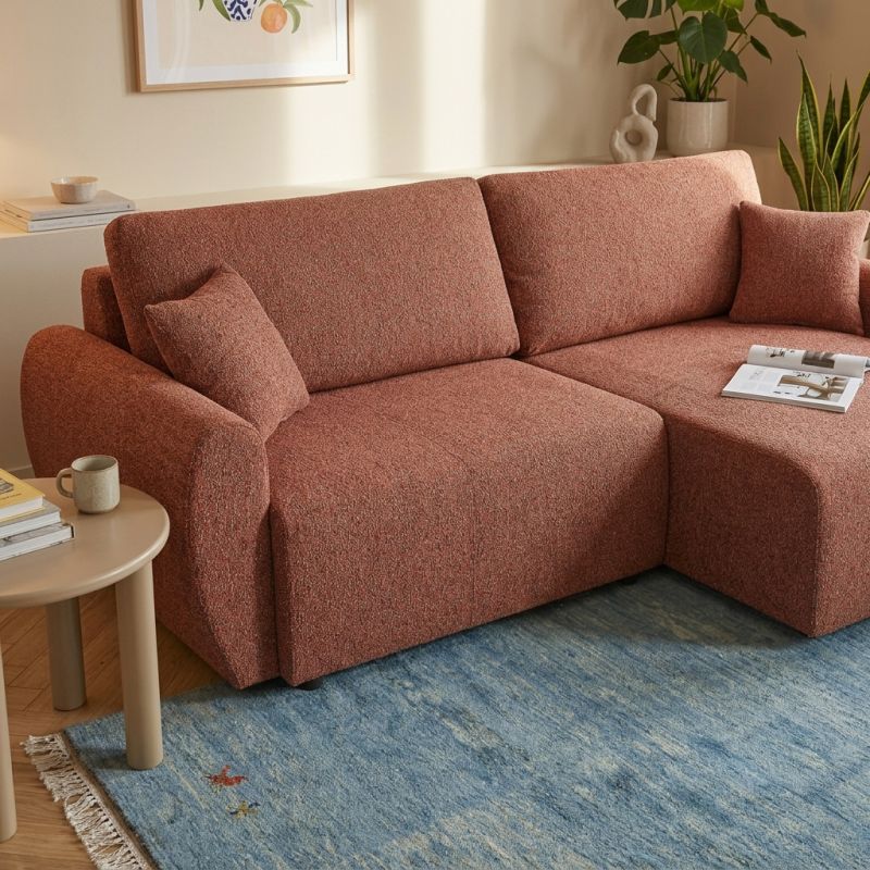 Canapé d'angle convertible et réversible DANA 4 places tissu chenille terracotta