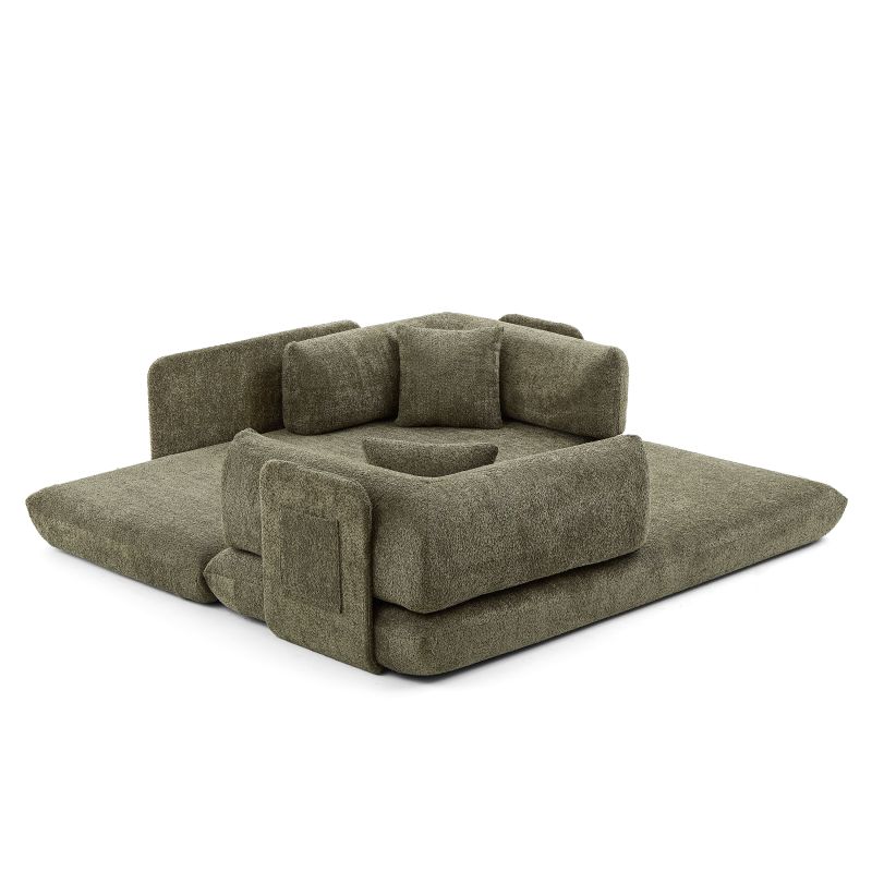 Canapé droit compressé et convertible CHIMA déplimousse 3 places tissu chenille vert