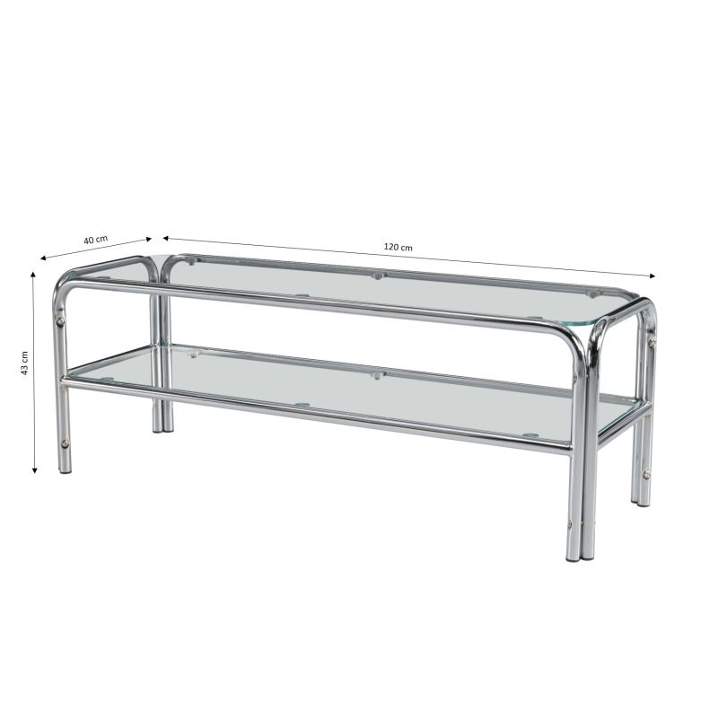 Meuble TV MAGGY verre trempé transparent structure en chrome