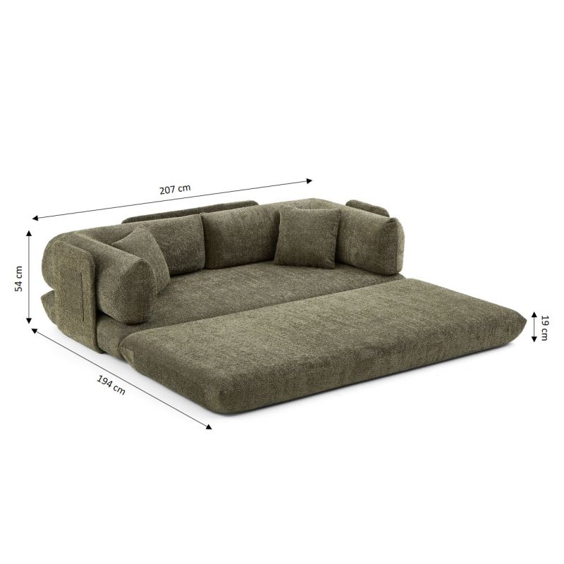 Canapé droit compressé et convertible CHIMA déplimousse 3 places tissu chenille vert