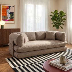 Canapé droit compressé et convertible CHIMA déplimousse 3 places tissu chenille marron
