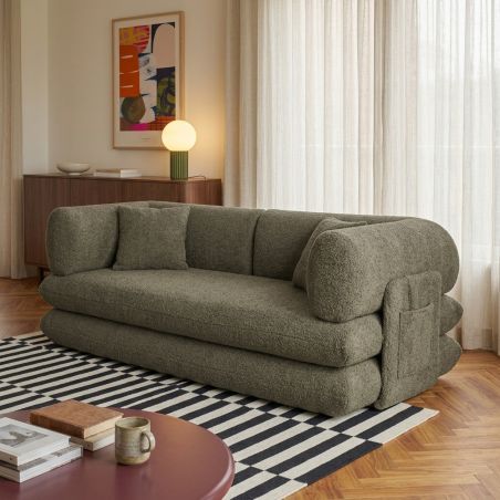Canapé droit compressé et convertible CHIMA déplimousse 3 places tissu chenille vert