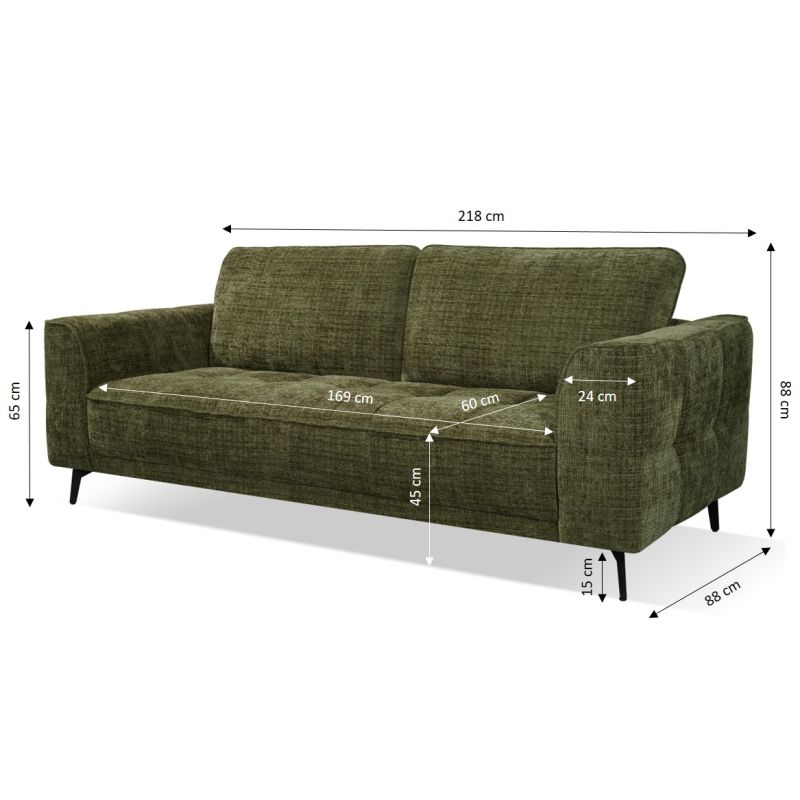 Canapé droit LOERA fixe tissu vert 3 places