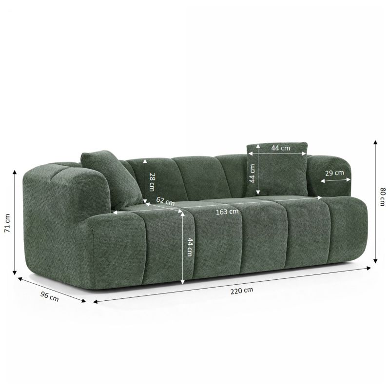 Canapé droit compressé ORVA 3 places tissu chenille vert