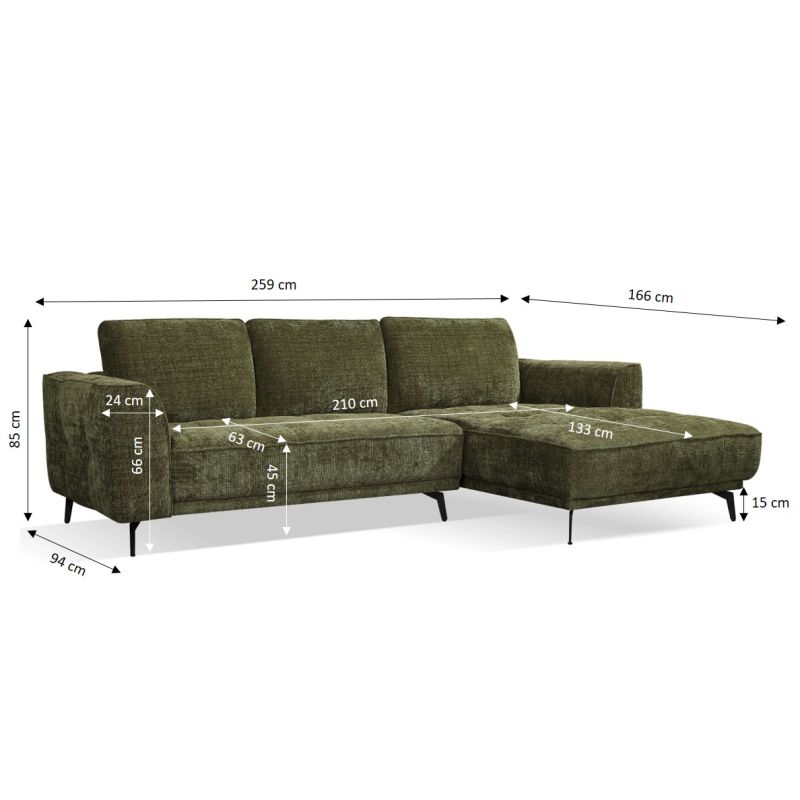 Canapé d'angle droit LOERA fixe tissu vert 4 places