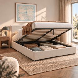Lit coffre VANIA 160x200 tissu beige sommier inclus