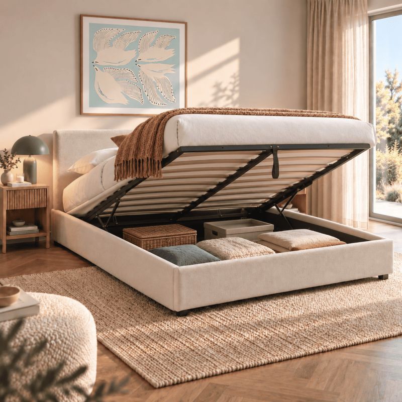 Lit coffre VANIA 160x200 tissu beige sommier inclus