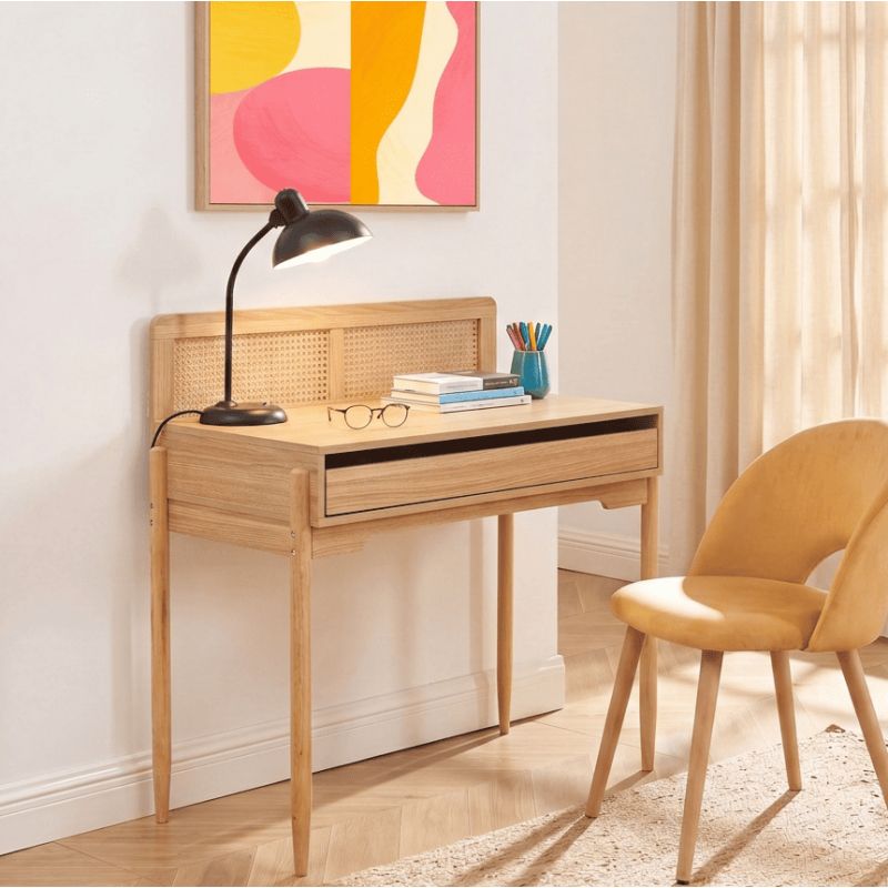Bureau enfant PABLO cannage rotin et effet bois 95cm