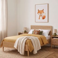 Lit enfant PABLO 90x190 cannage rotin et effet bois sommier inclus