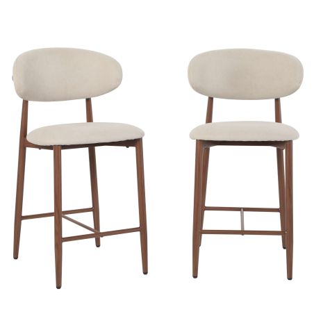Lot de 2 tabourets CAYO tissu beige pied effet noyer