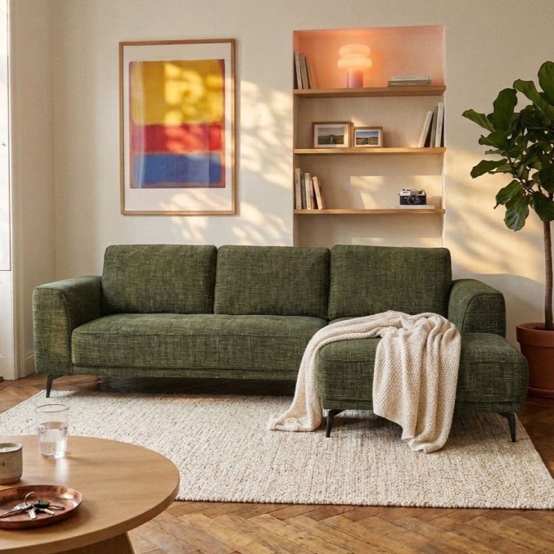Canapé d'angle droit fixe LOERA 4 places tissu velours texturé vert