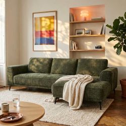 Canapé d'angle droit fixe LOERA 4 places tissu velours texturé vert