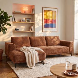 Canapé d'angle gauche fixe LOERA 4 places tissu velours texturé terracotta