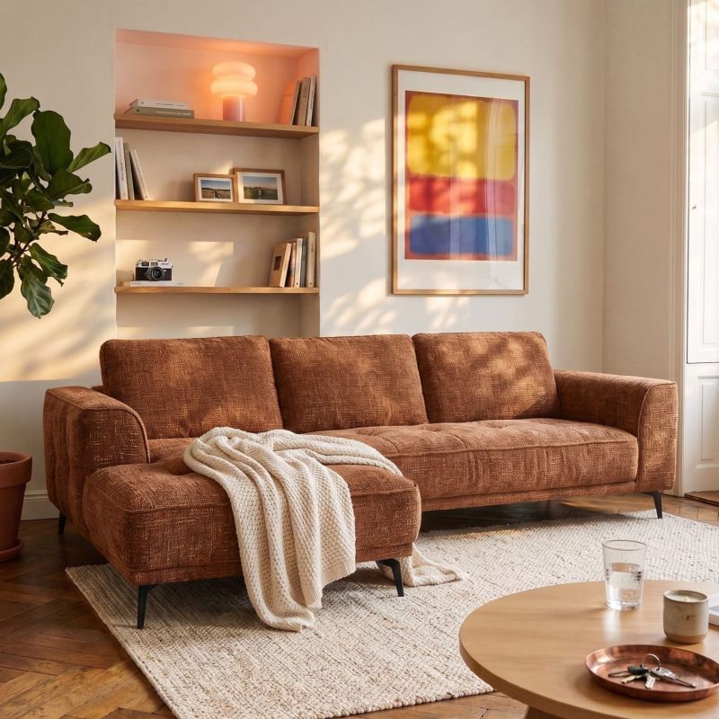 Canapé d'angle gauche fixe LOERA 4 places tissu velours texturé terracotta
