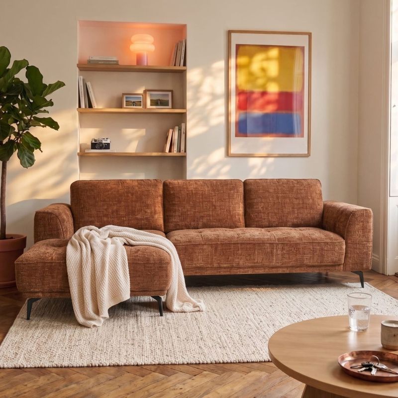 Canapé d'angle gauche fixe LOERA 4 places tissu velours texturé terracotta