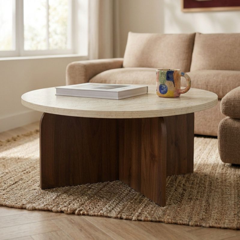 Table basse LILA plateau effet travertin et pieds effet noyer 80cm