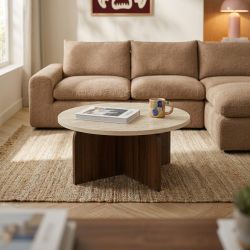 Table basse LILA plateau effet travertin et pieds effet noyer 80cm