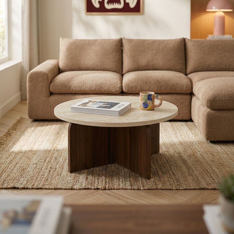 Table basse LILA plateau effet travertin et pieds effet noyer 80cm