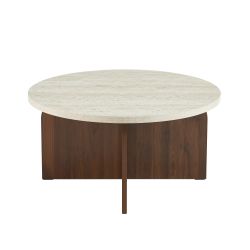 Table basse LILA plateau effet travertin et pieds effet noyer 80cm
