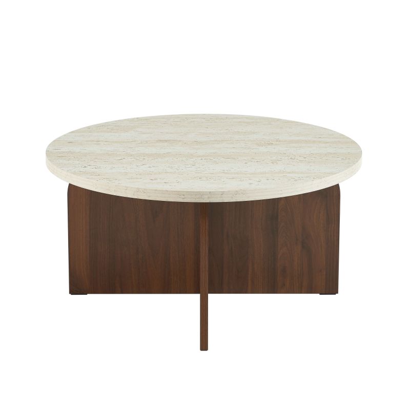 Table basse LILA plateau effet travertin et pieds effet noyer 80cm