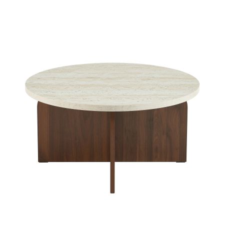 Table basse LILA plateau effet travertin et pieds effet noyer 80cm