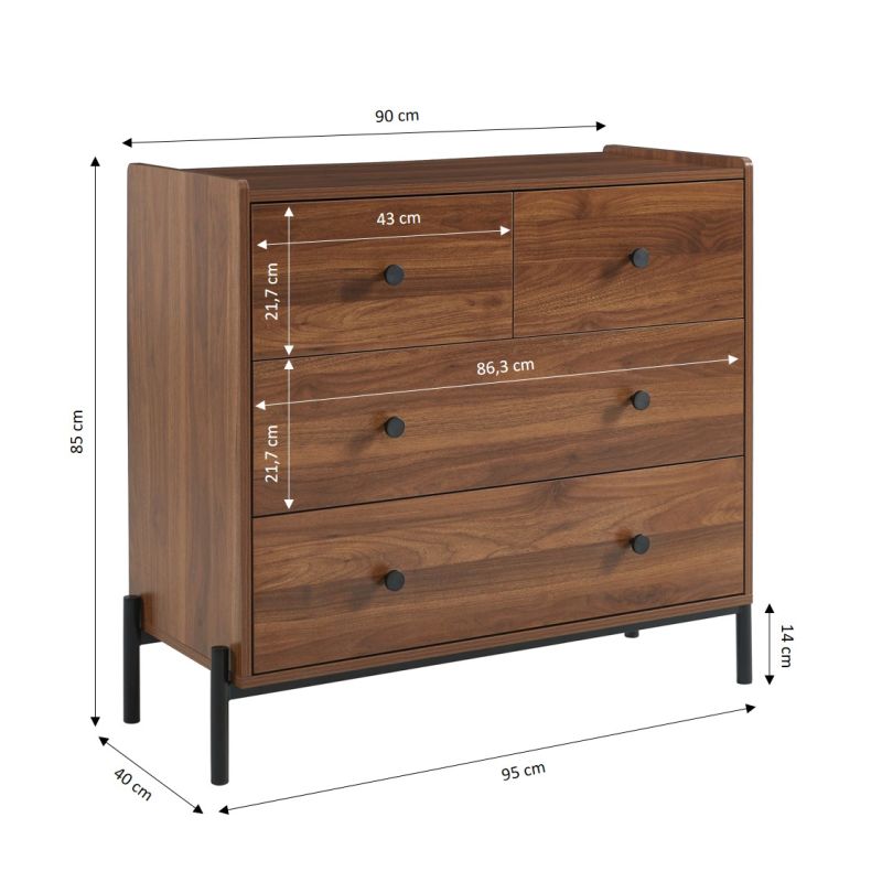 Commode SANA 3 tiroirs effet noyer et poignées noires