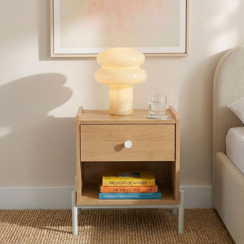 Table de chevet SANA effet chêne 1 tiroir et 1 poignée blanche