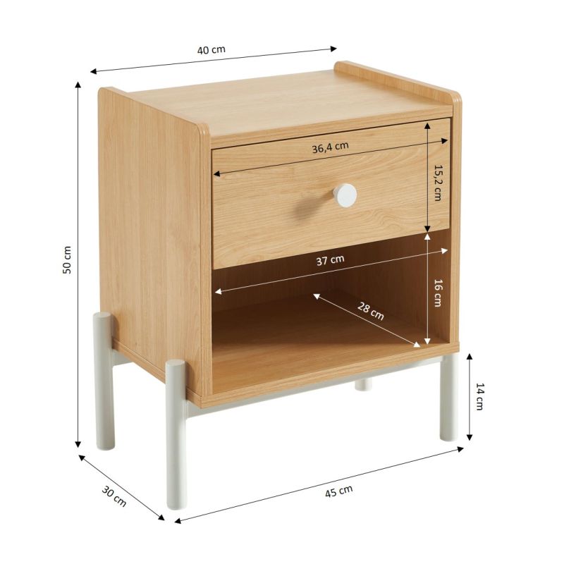 Table de chevet SANA effet chêne 1 tiroir et 1 poignée blanche
