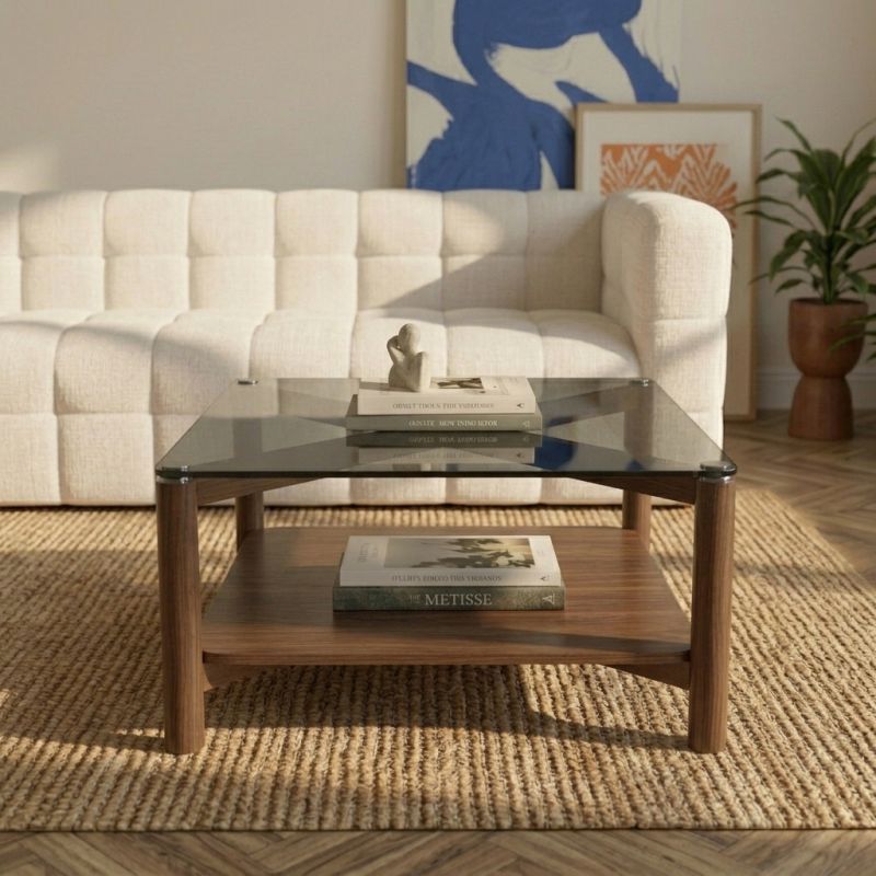 Table basse SENJA effet noyer et plateau verre noir