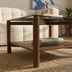 Table basse SENJA effet noyer et plateau verre noir