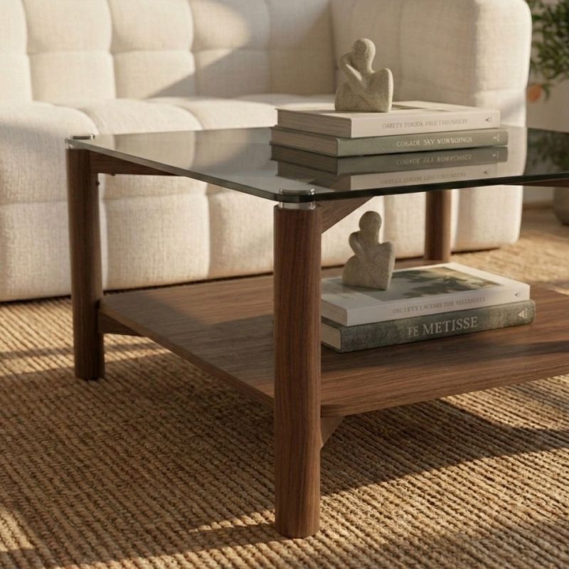 Table basse SENJA effet noyer et plateau verre noir