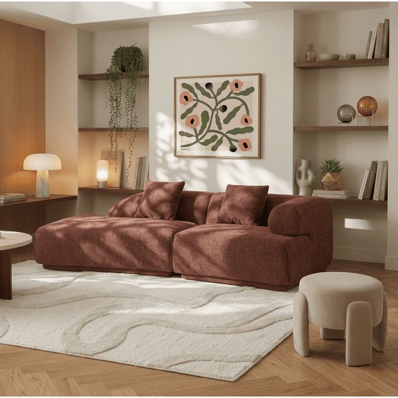 Canapé d'angle gauche compressé VENA 4 places tissu bouclette texturé terracotta