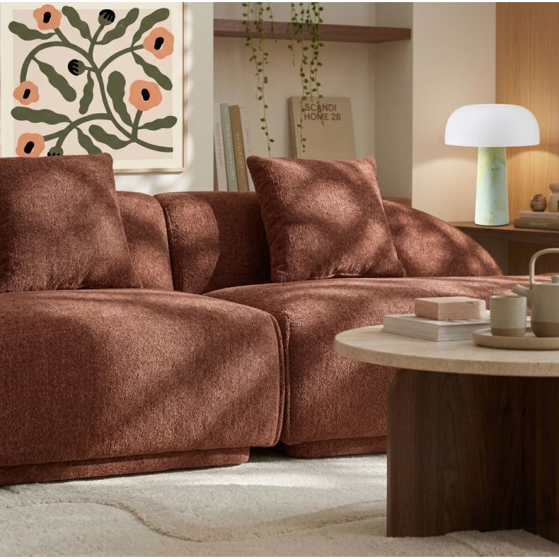 Canapé d'angle droit compressé VENA 4 places tissu bouclette texturé terracotta