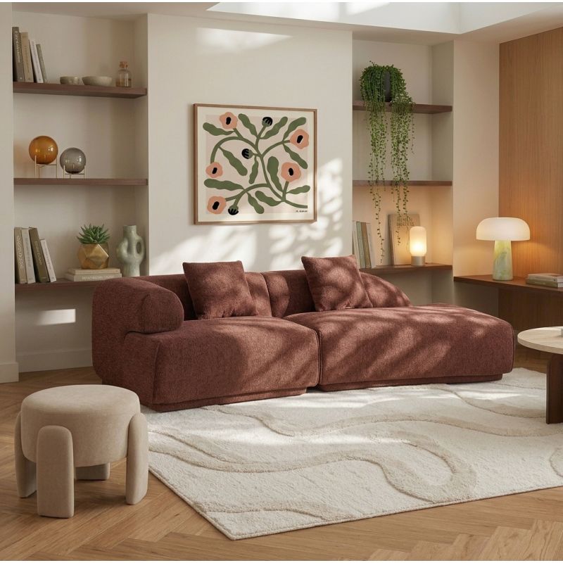 Canapé d'angle droit compressé VENA 4 places tissu bouclette texturé terracotta
