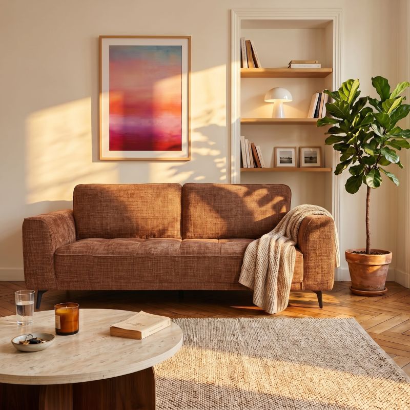 Canapé droit fixe LOERA 3 places tissu velours texturé terracotta