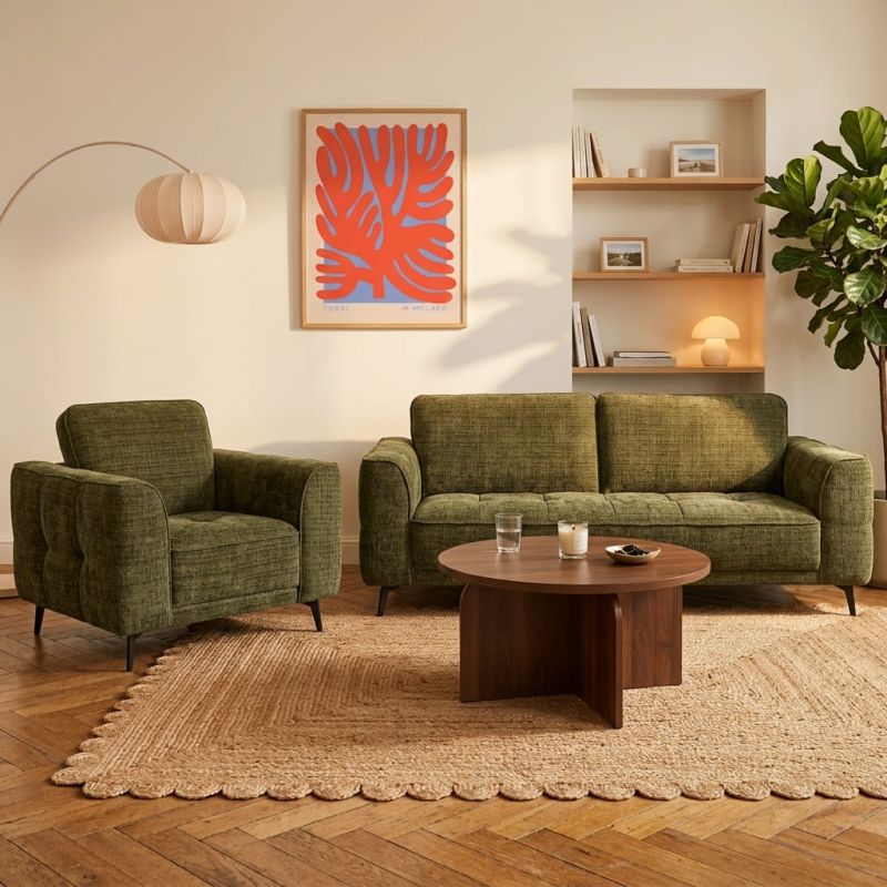 Canapé droit fixe LOERA 3 places tissu velours texturé vert
