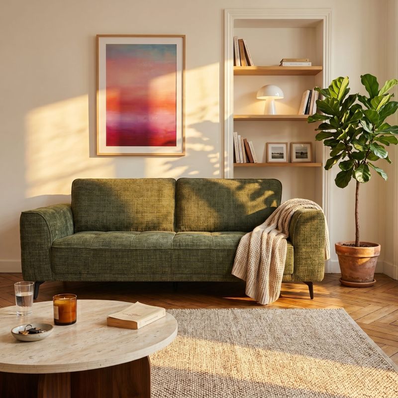 Canapé droit fixe LOERA 3 places tissu velours texturé vert