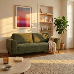 Canapé droit fixe LOERA 3 places tissu velours texturé vert