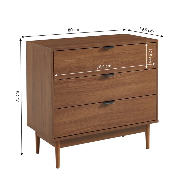 Commode ALMA effet noyer 3 tiroirs 80cm
